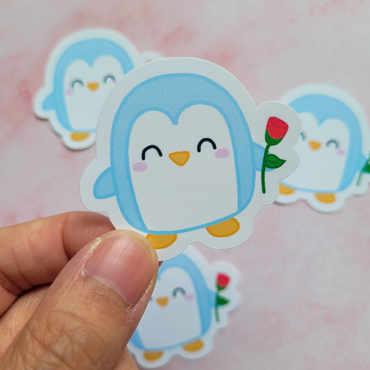 Blue Penguin with Rose Vinyl Sticker